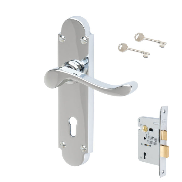 Savoy Door Handles On Plate Lock Handle Set in Polished Chrome