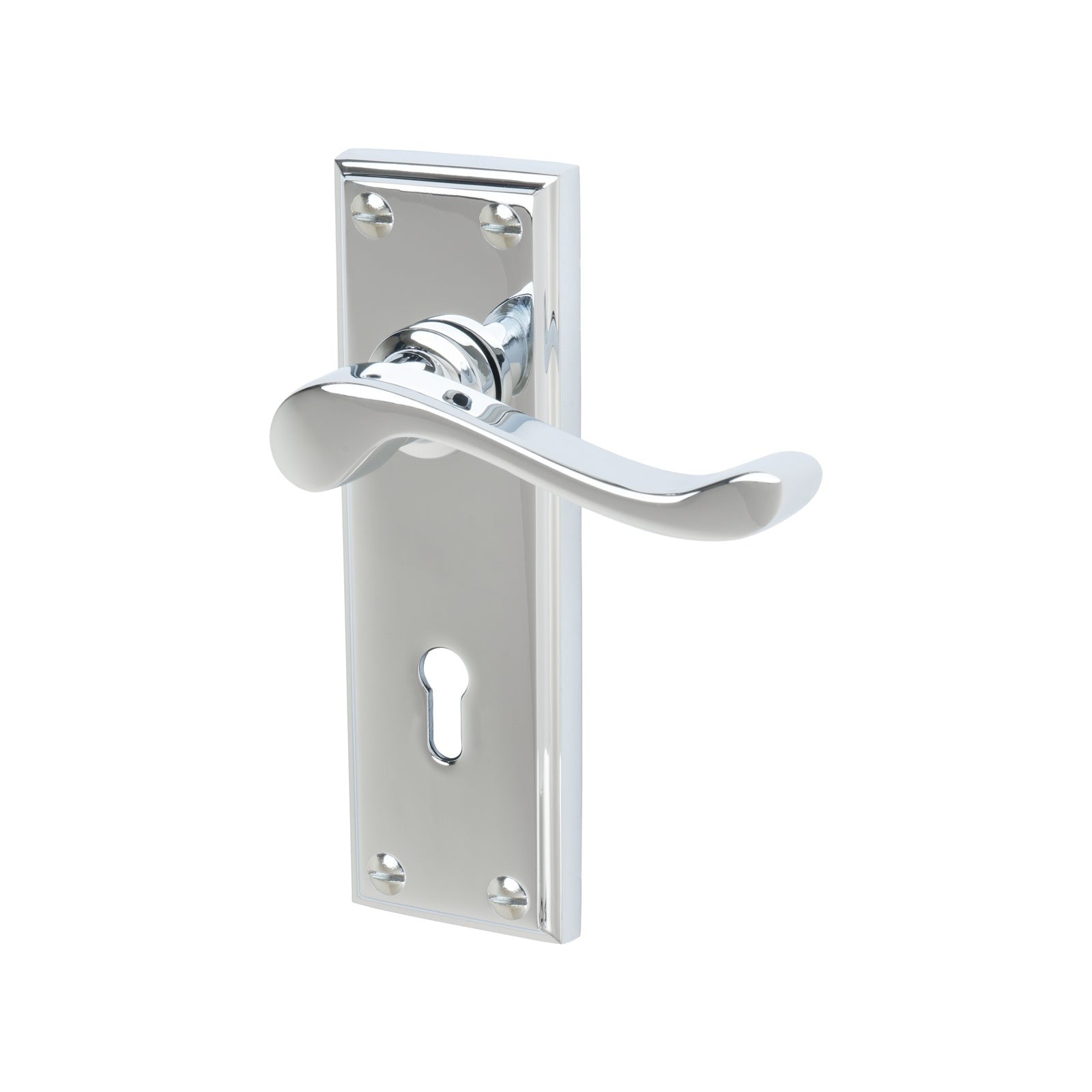 Edwardian Door Handles On Plate Lock Handle in Polished Chrome 