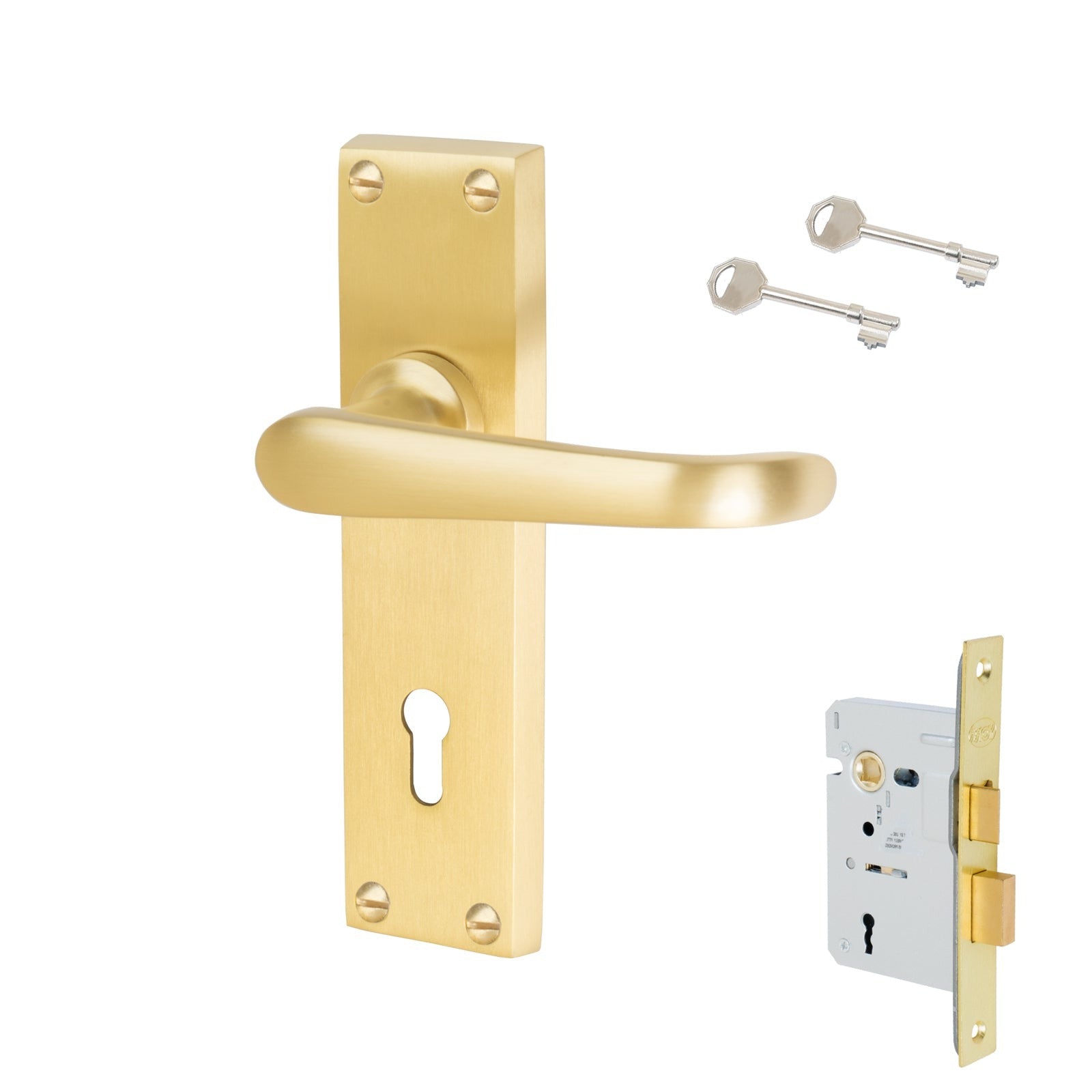 Windsor Door Handles On Plate Lock Handle Set in Satin Brass