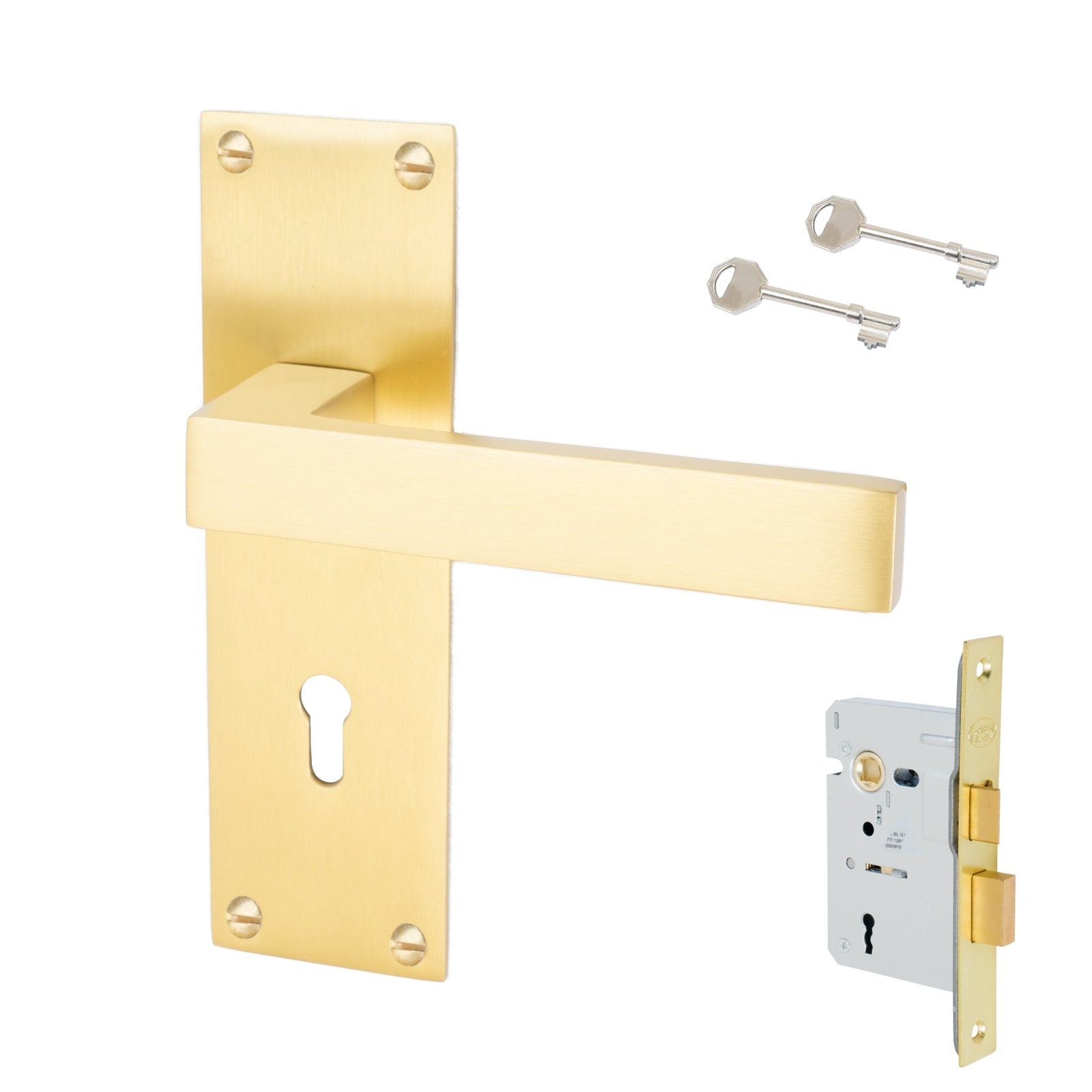 Metro Door Handles On Plate Lock Handle Set in Satin Brass