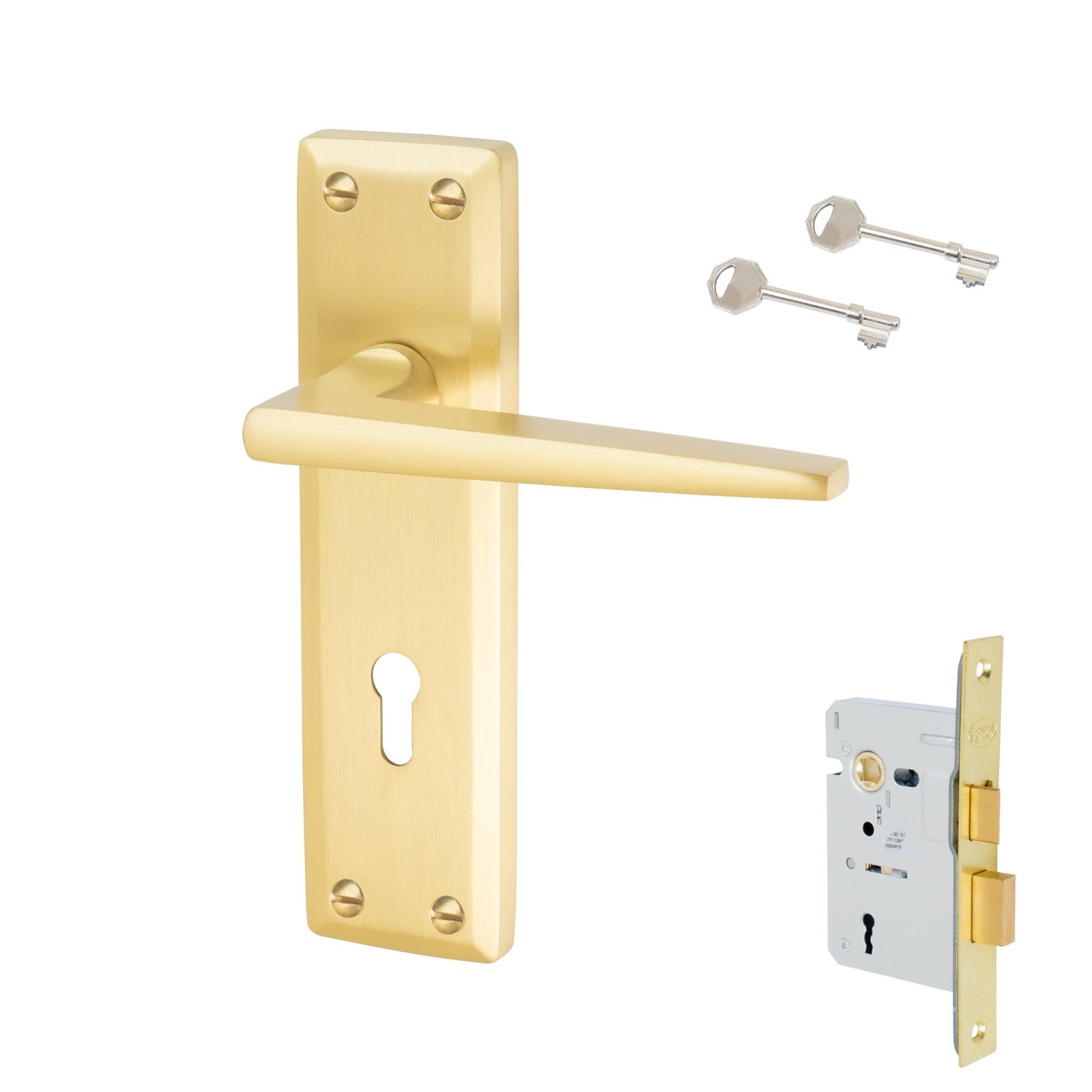 Kendal Door Handles On Plate Lock Handle Set in Satin Brass
