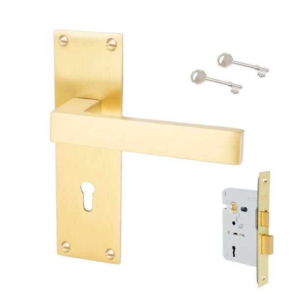 Metro Door Handles On Plate Lock Handle Set in Satin Brass