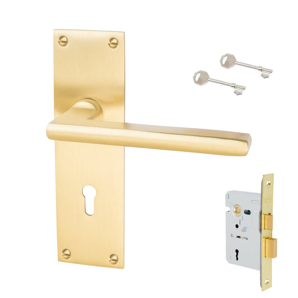 Trident Door Handles On Plate Lock Handle Set in Satin Brass