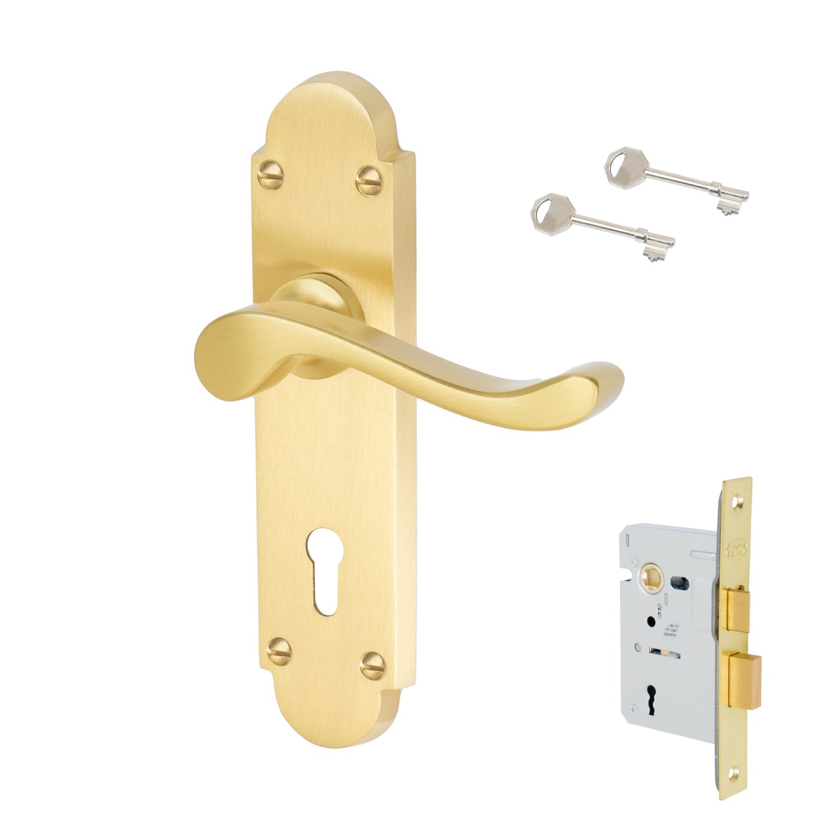 Savoy Door Handles On Plate Lock Handle Set in Satin Brass