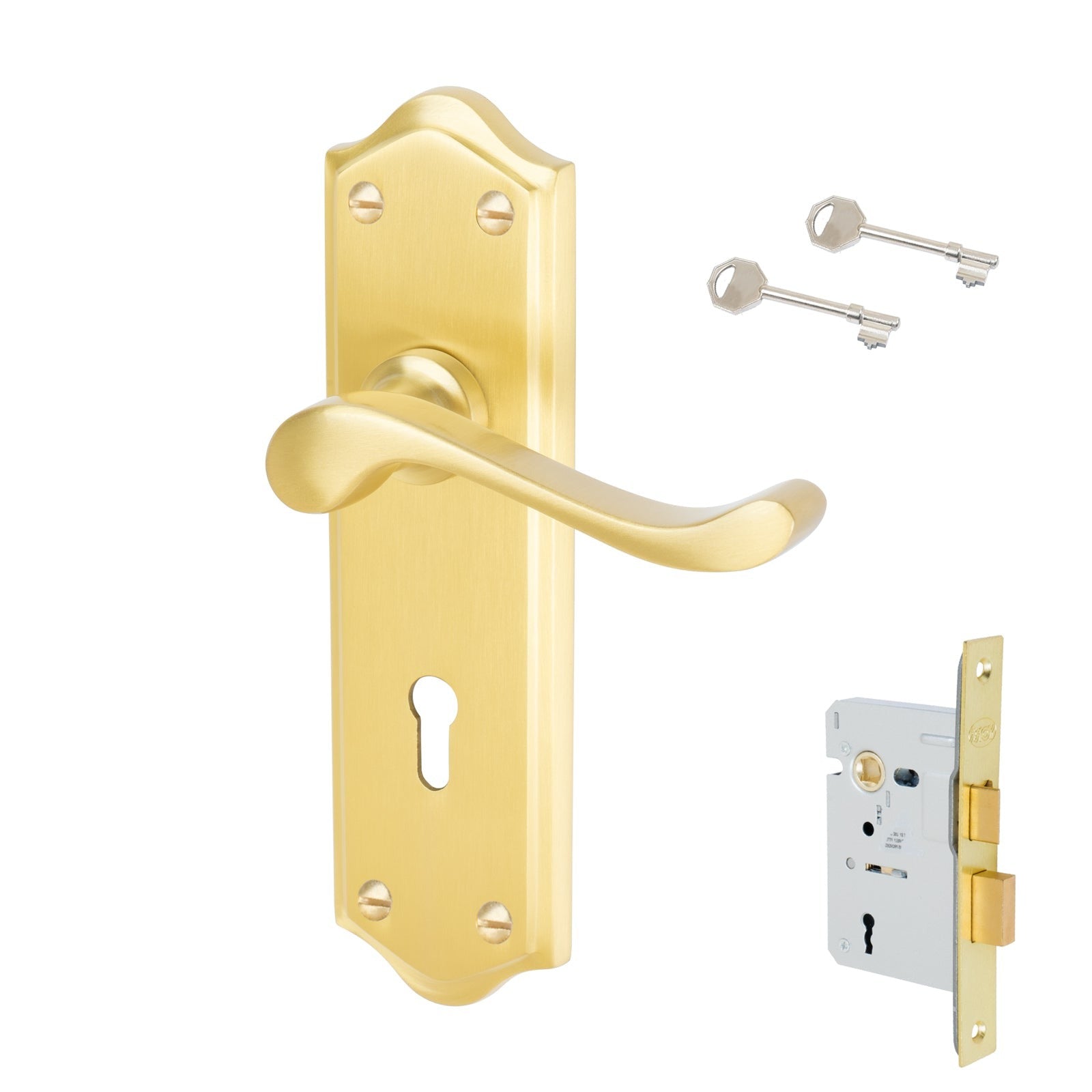 Buckingham Door Handles On Plate Lock Handle Set in Satin Brass