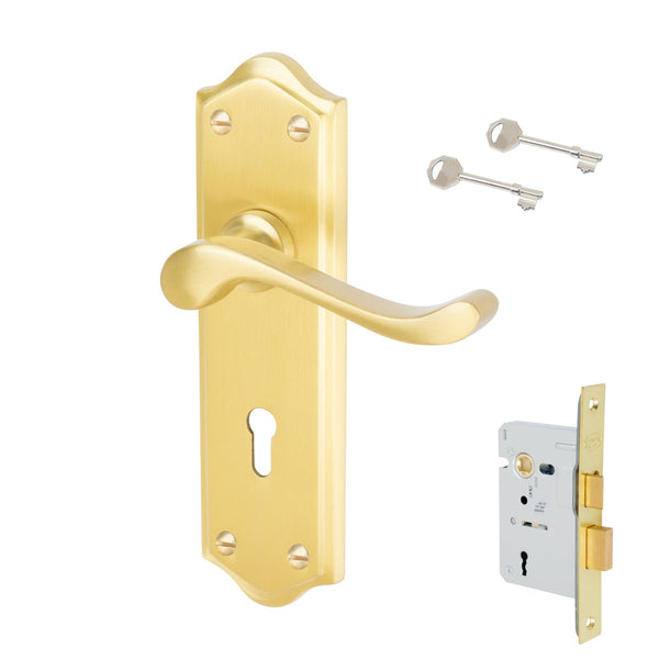Buckingham Door Handles On Plate Lock Handle Set in Satin Brass