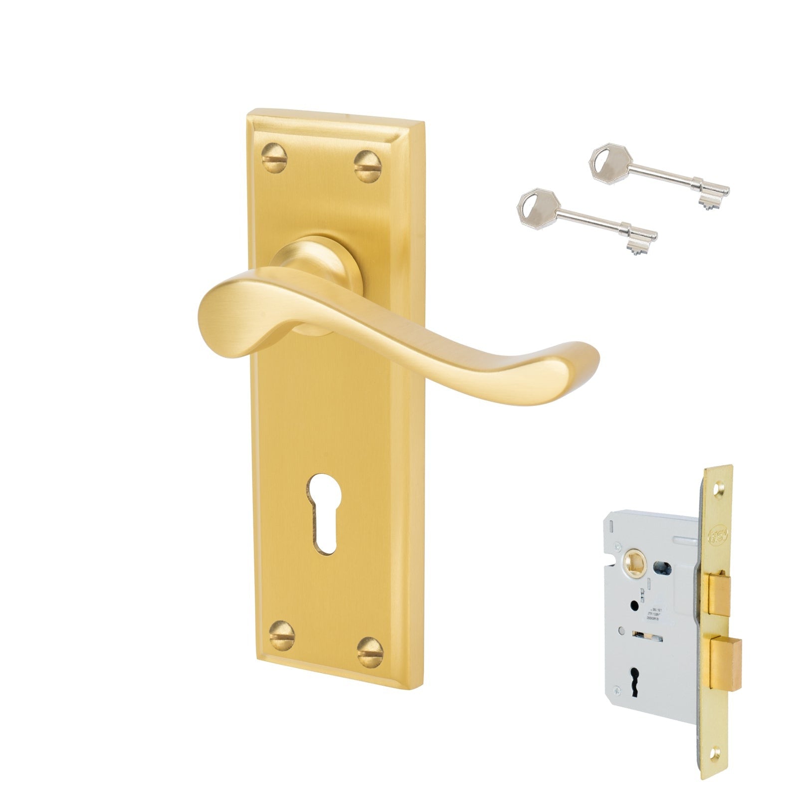 Edwardian Door Handles On Plate Lock Handle Set in Satin Brass