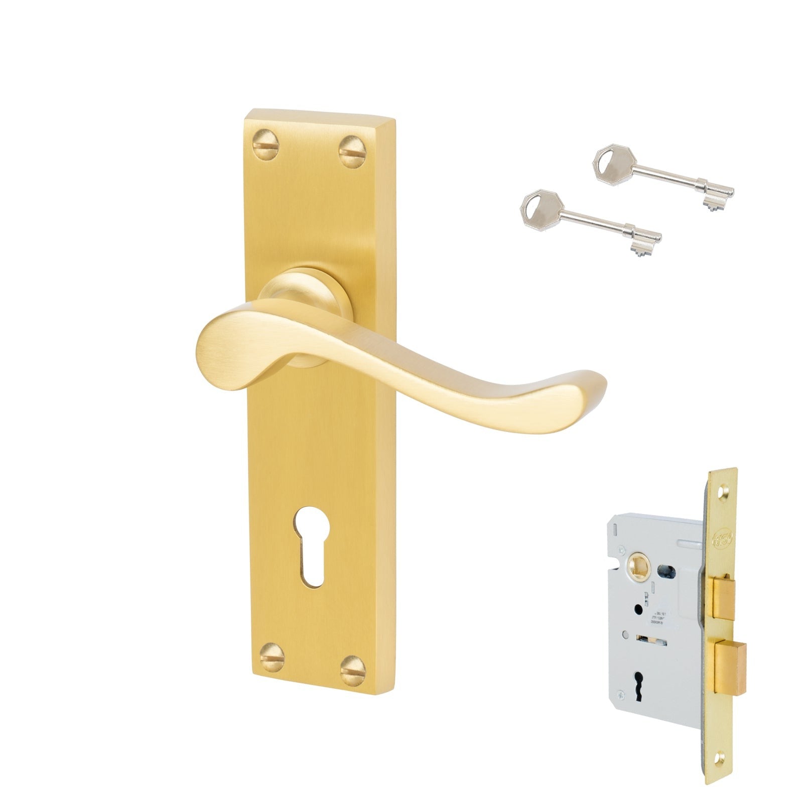 Bedford Door Handles On Plate Lock Handle Set in Satin Brass