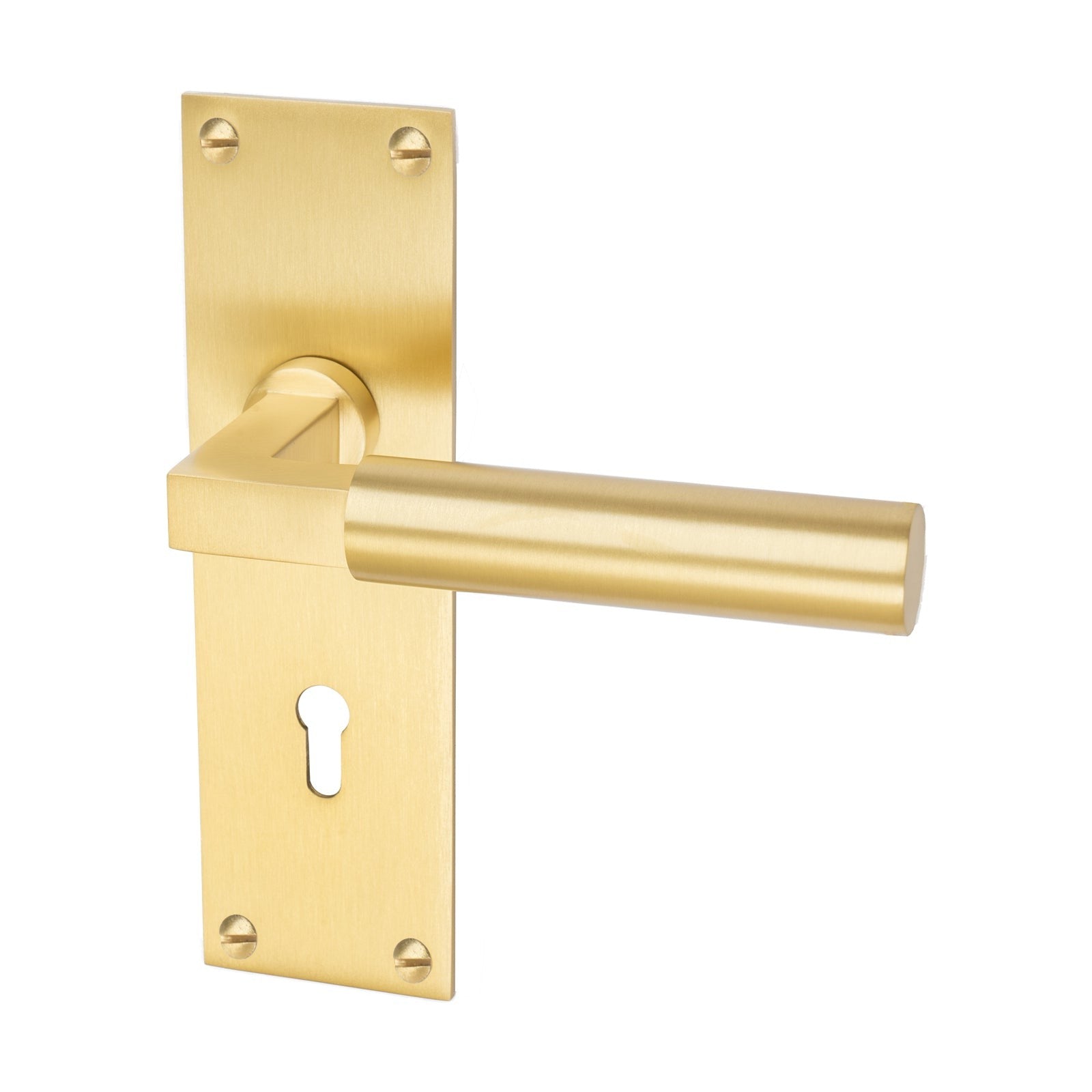 Bauhaus Door Handles On Plate Lock Handle in Satin Brass 