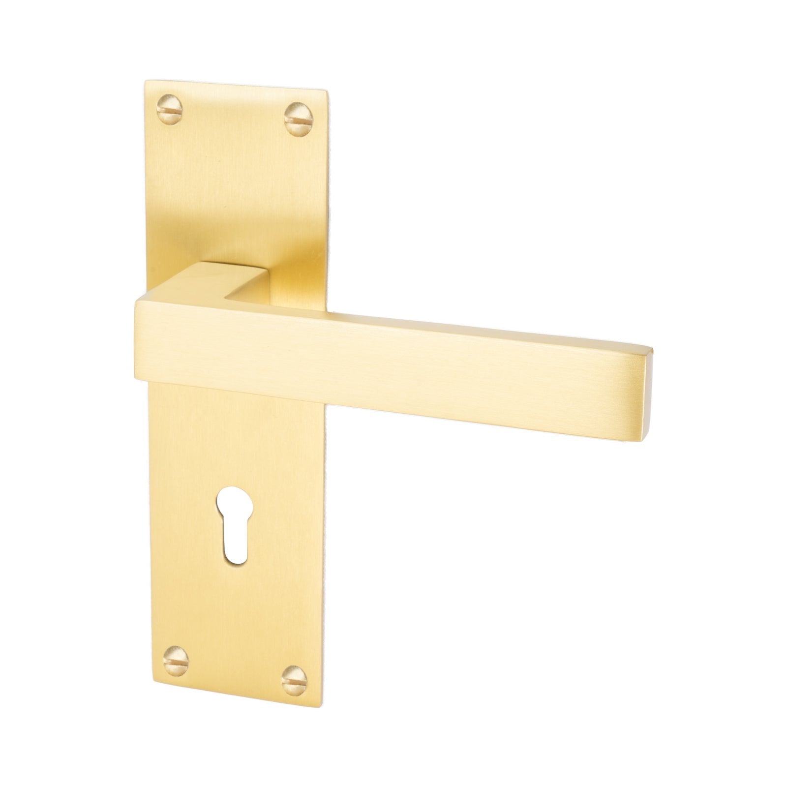 Metro Door Handles On Plate Lock Handle in Satin Brass 