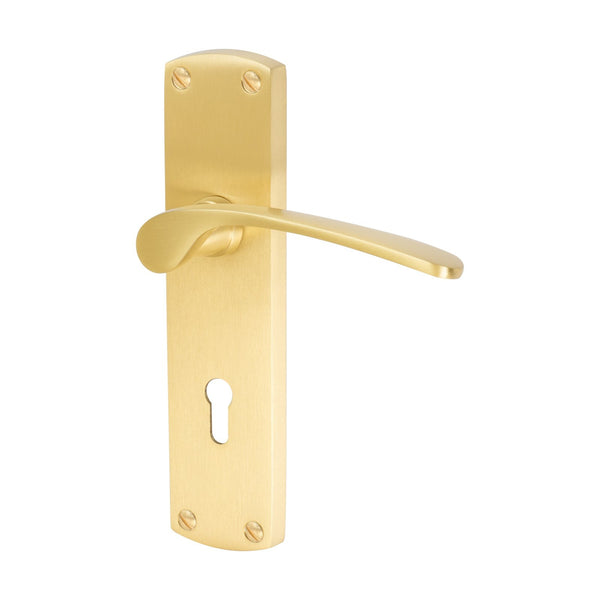 Diplomat Door Handles On Plate Lock Handle in Satin Brass 
