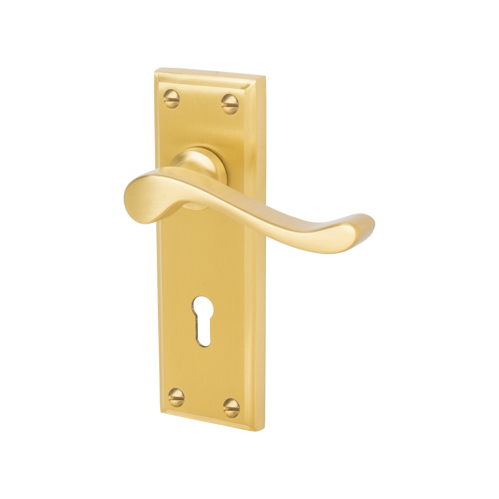 Edwardian Door Handles On Plate Lock Handle in Satin Brass 