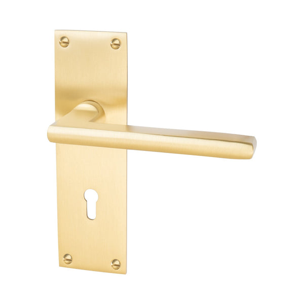 Trident Door Handles On Plate Lock Handle in Satin Brass 