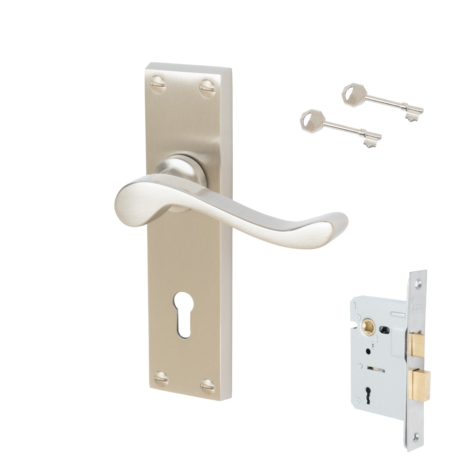 Bedford Door Handles On Plate Lock Handle Set in Satin Nickel 