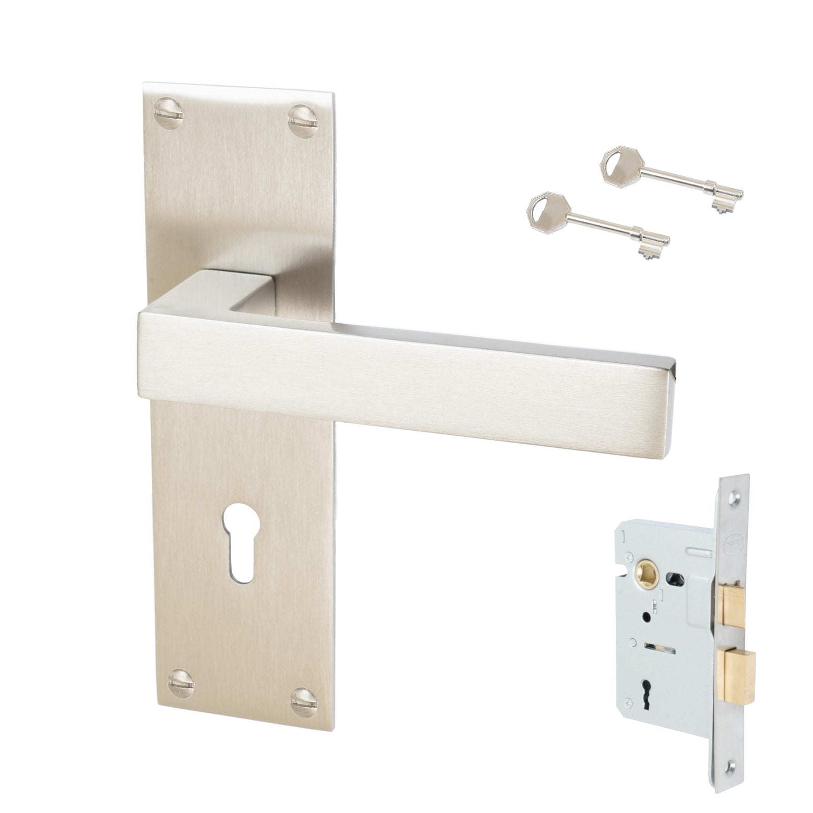 Metro Door Handles On Plate Lock Handle Set in Satin Nickel 