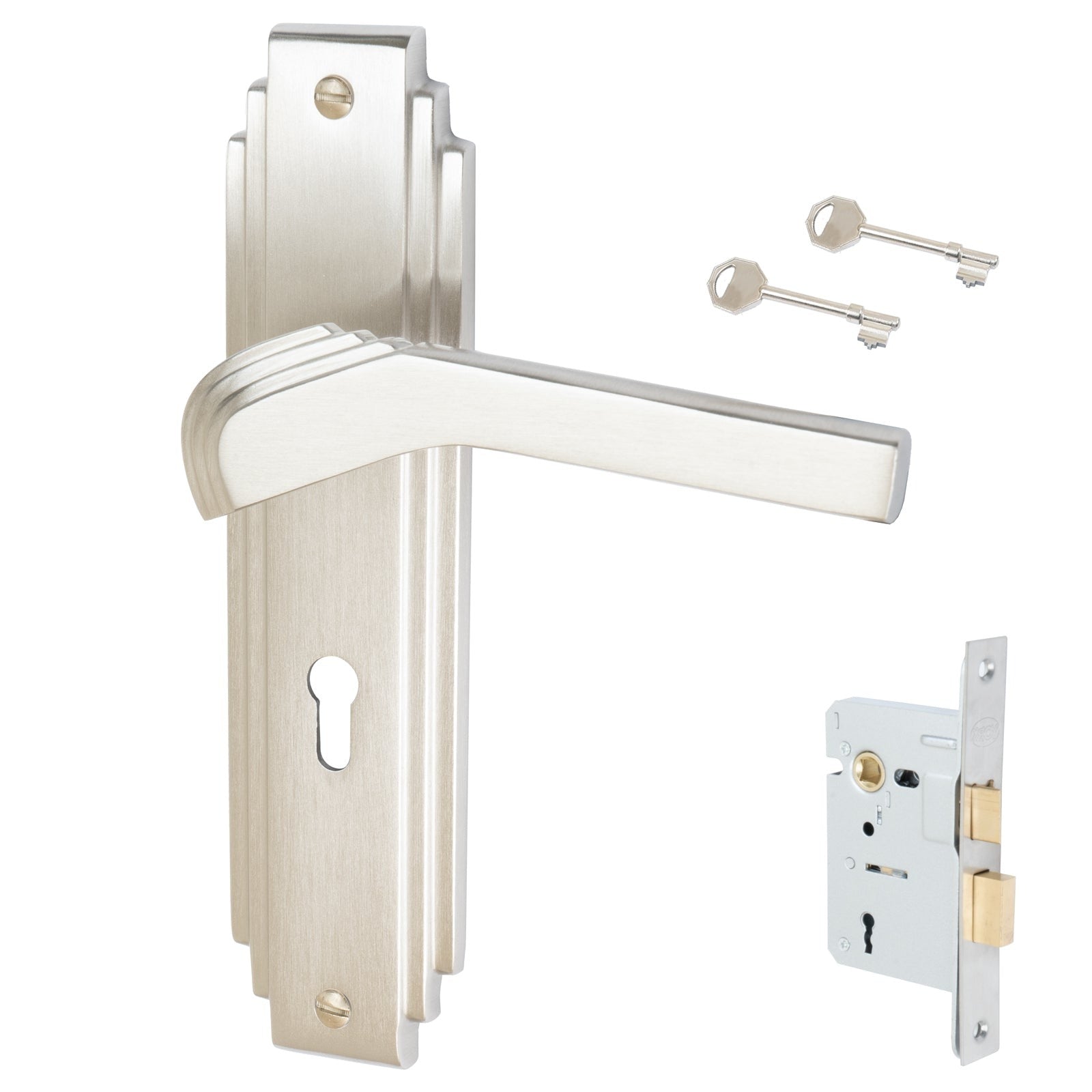 Tiffany Door Handles On Plate Lock Handle Set in Satin Nickel 