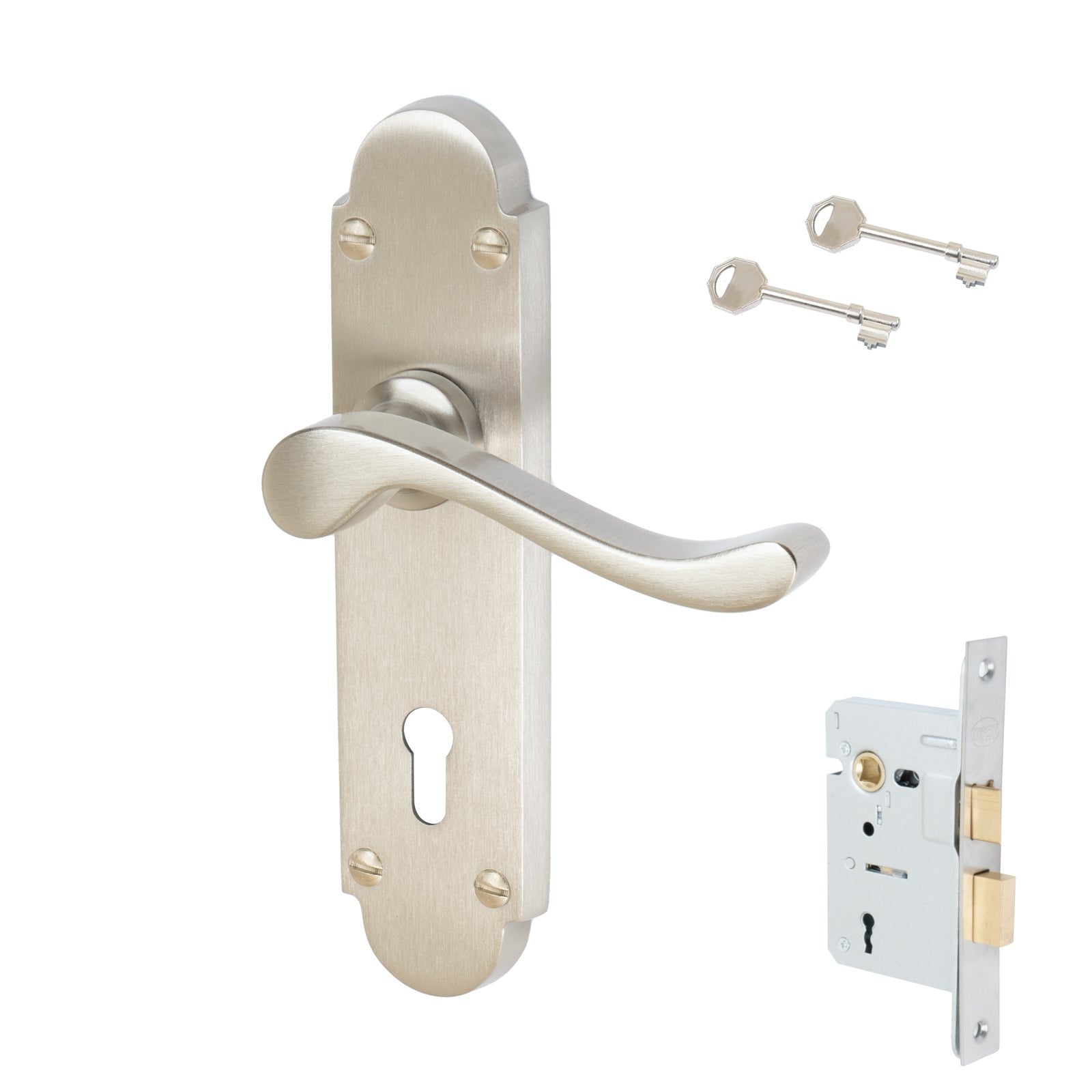 Savoy Door Handles On Plate Lock Handle Set in Satin Nickel 