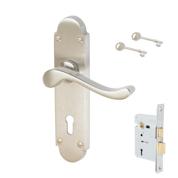 Savoy Door Handles On Plate Lock Handle Set in Satin Nickel 