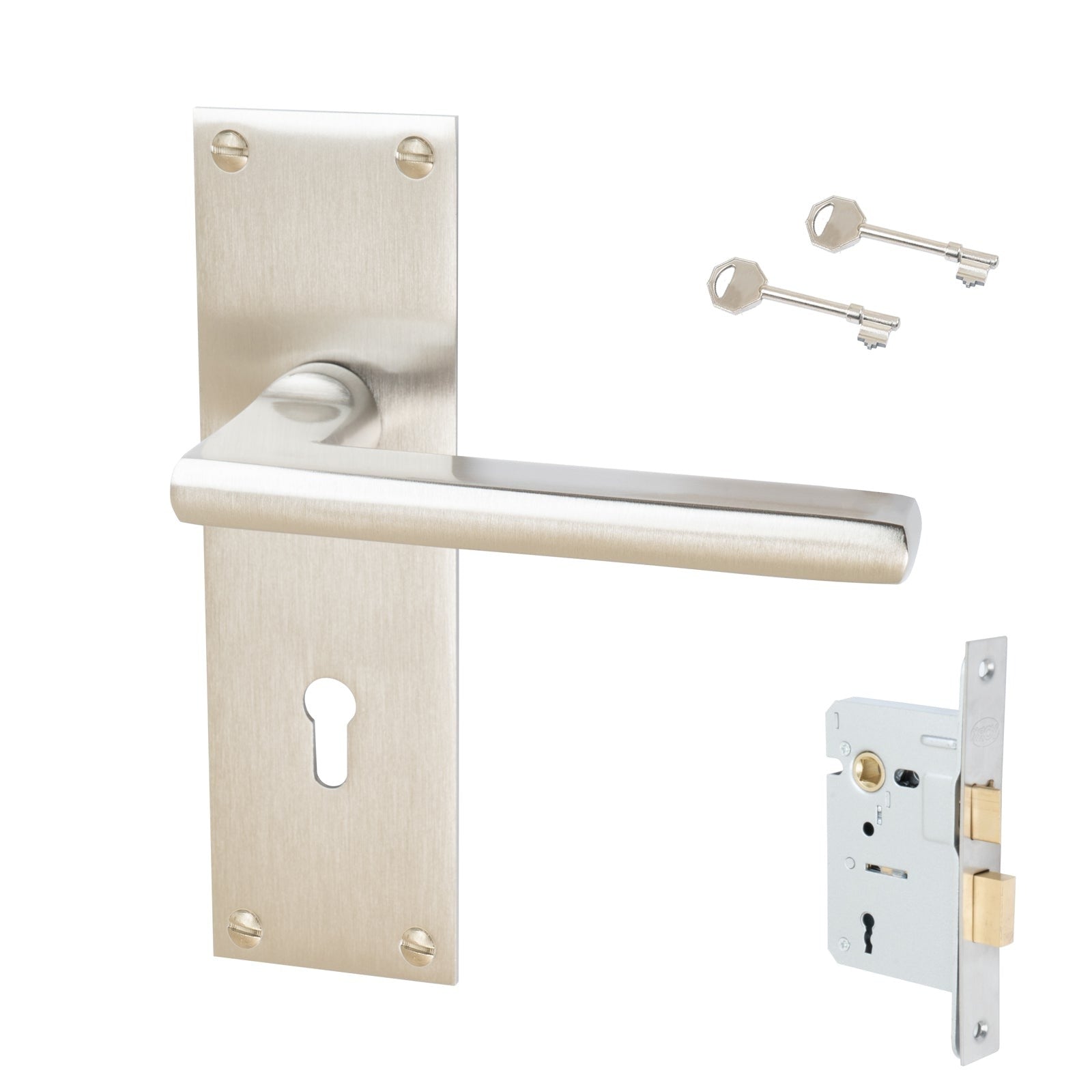 Trident Door Handles On Plate Lock Handle Set in Satin Nickel 