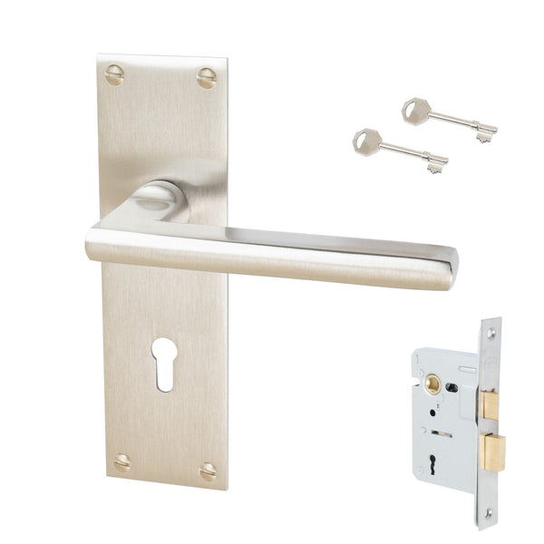 Trident Door Handles On Plate Lock Handle Set in Satin Nickel 