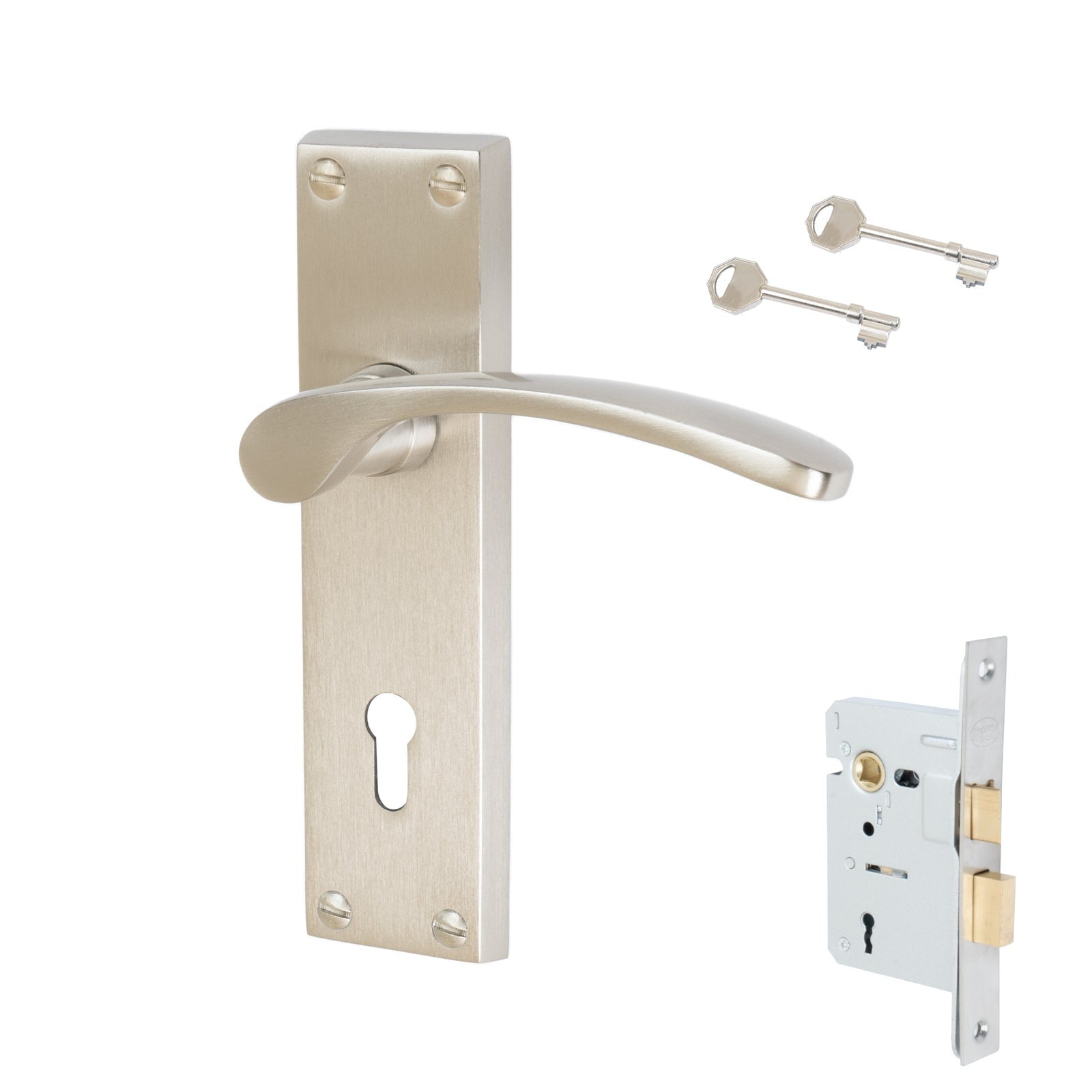 Sophia Door Handles On Plate Lock Handle Set in Satin Nickel 