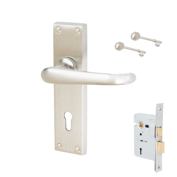 Windsor Door Handles On Plate Lock Handle Set in Satin Nickel