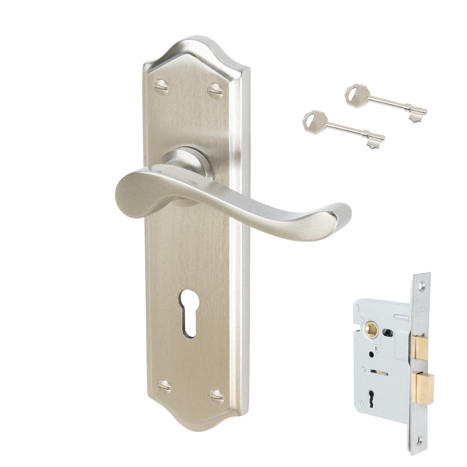 Buckingham Door Handles On Plate Lock Handle Set in Satin Nickel 