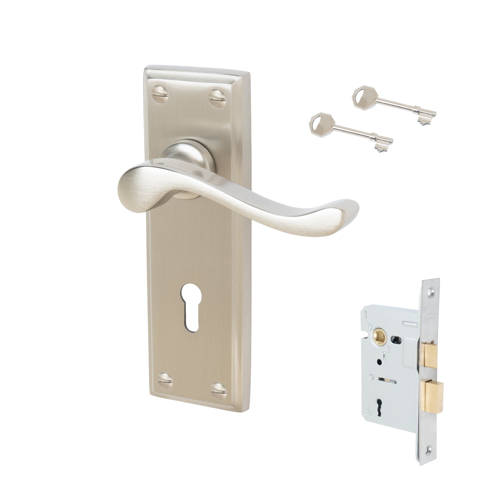 Edwardian Door Handles On Plate Lock Handle Set in Satin Nickel 