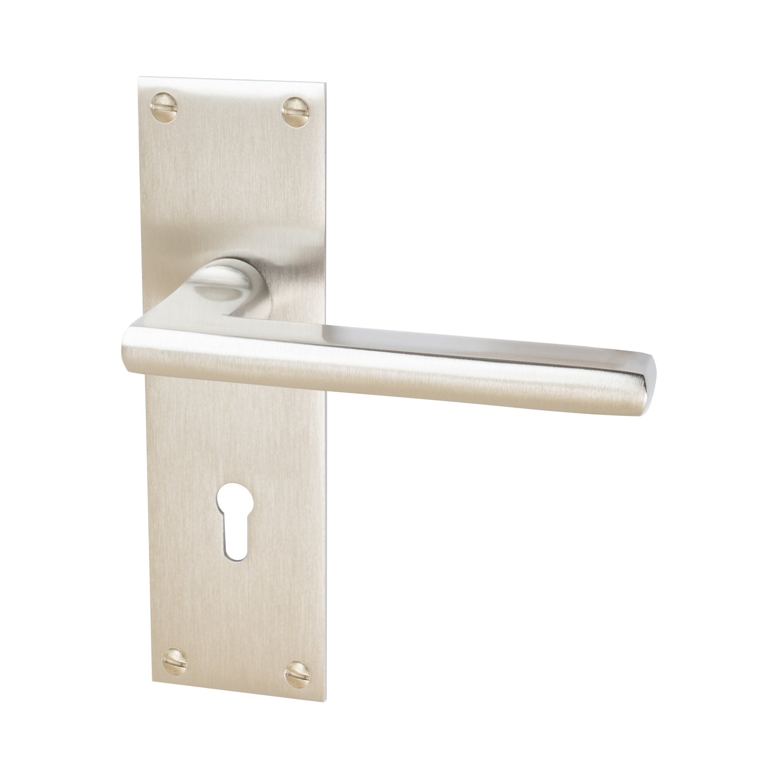 Trident Door Handles On Plate Lock Handle in Satin Nickel 