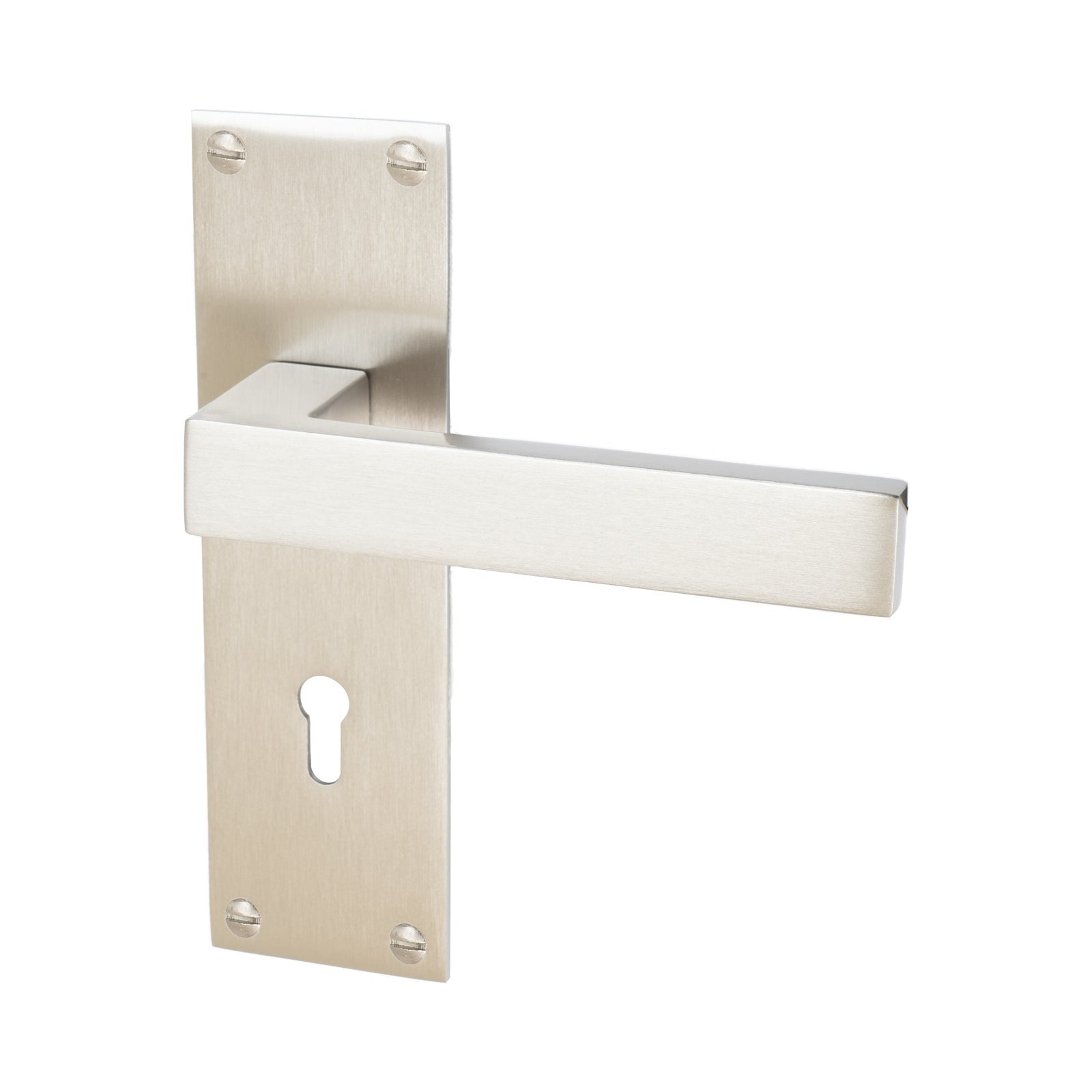 Metro Door Handles On Plate Lock Handle in Satin Nickel 