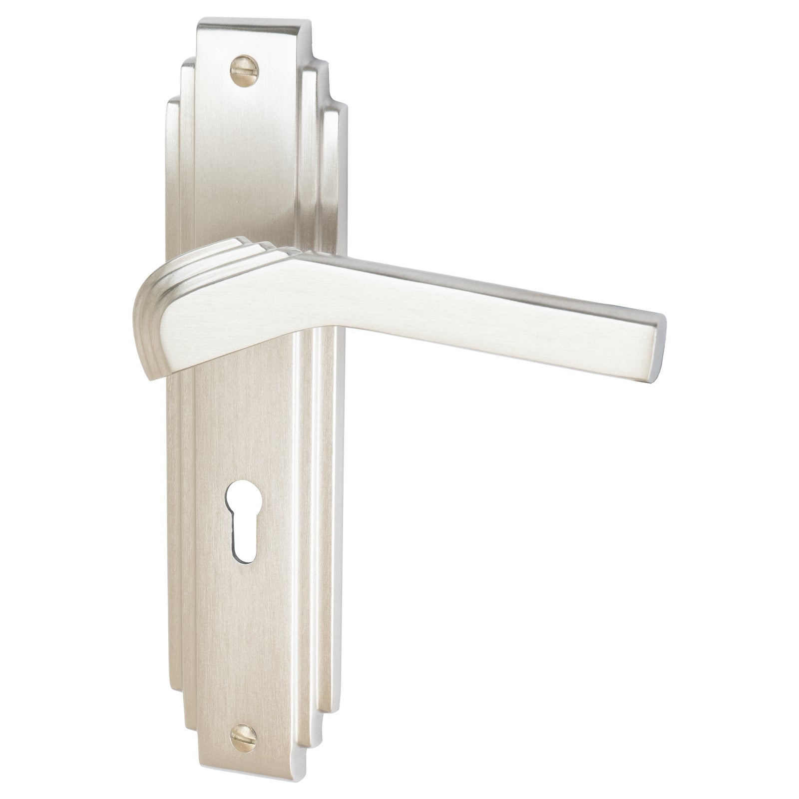 Tiffany Door Handles On Plate Lock Handle in Satin Nickel 