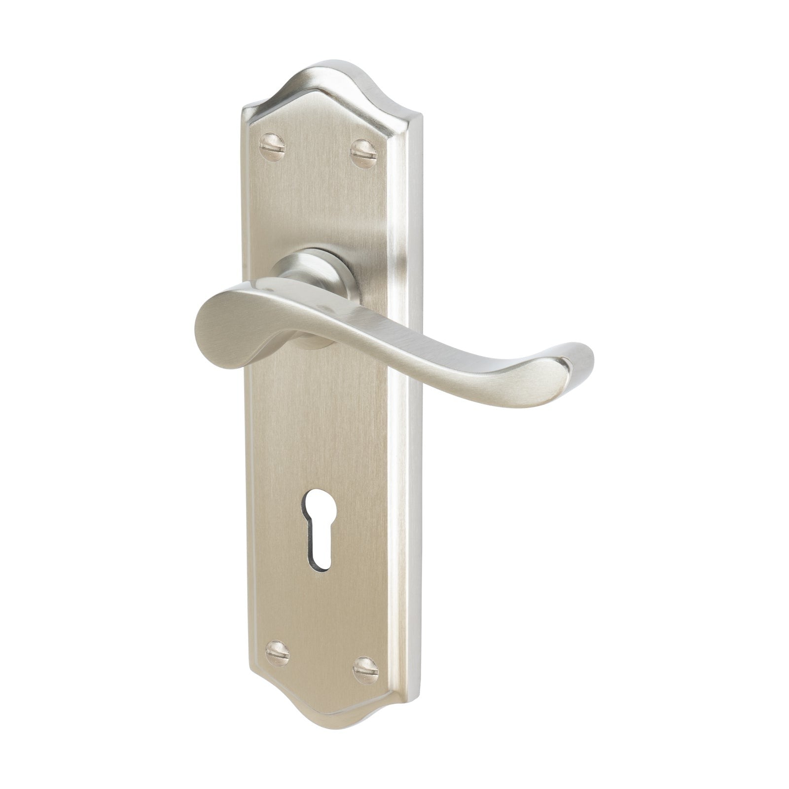 Buckingham Door Handles On Plate Lock Handle in Satin Nickel 