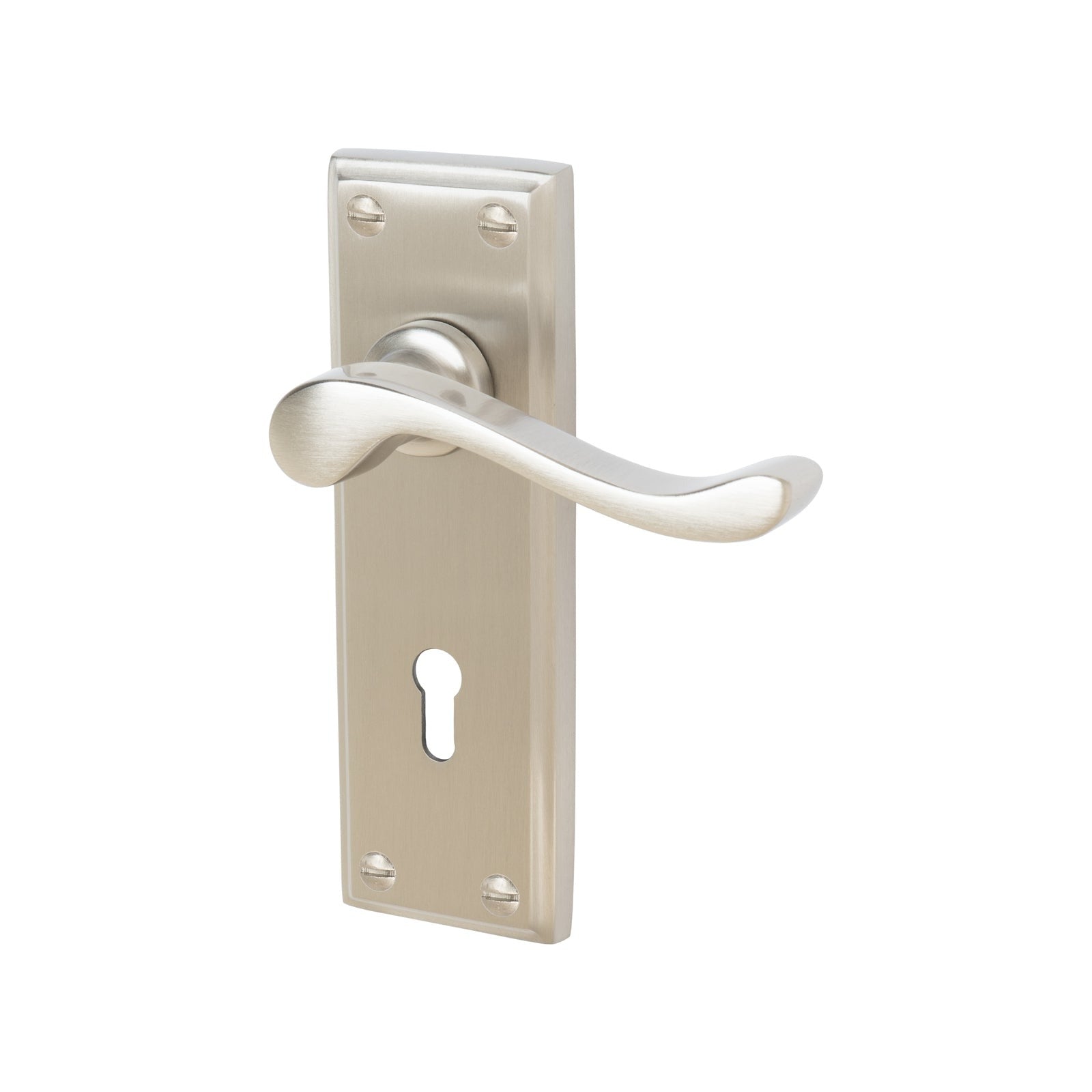 Edwardian Door Handles On Plate Lock Handle in Satin Nickel 