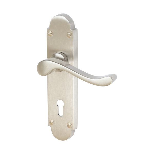 Savoy Door Handles On Plate Lock Handle in Satin Nickel 