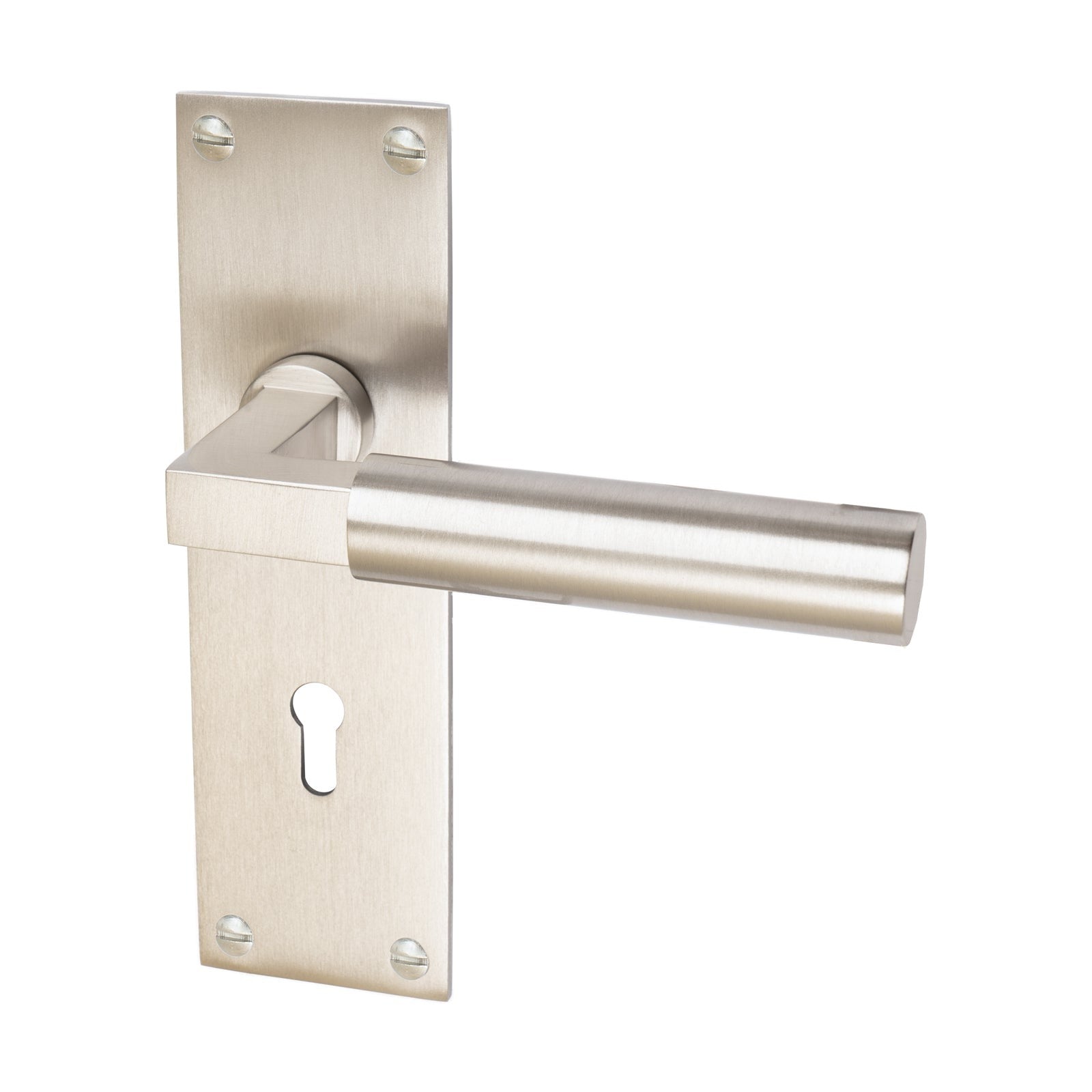 Bauhaus Door Handles On Plate Lock Handle in Satin Nickel 