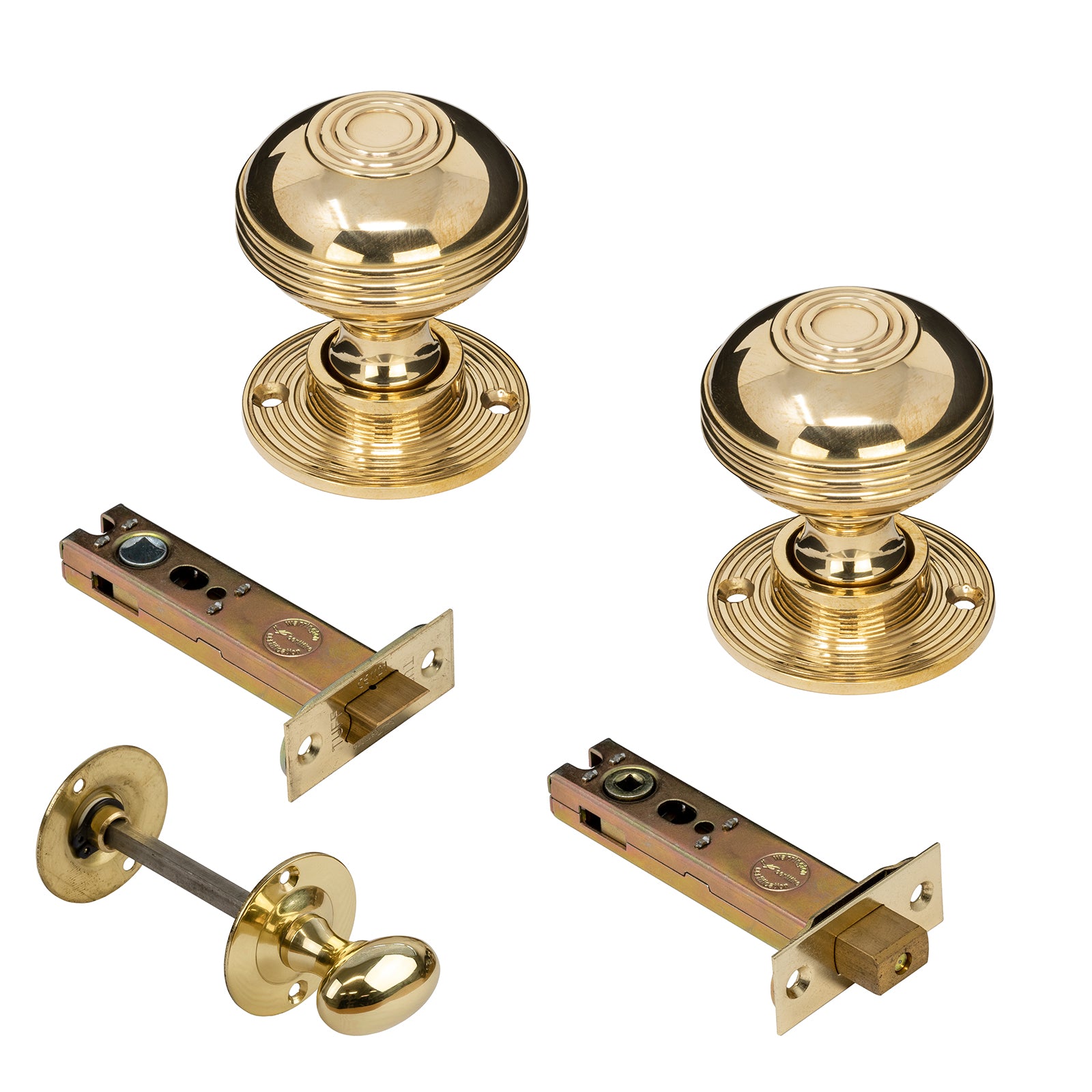 Ringed Brass Door Knobs 4 inch Bathroom Set