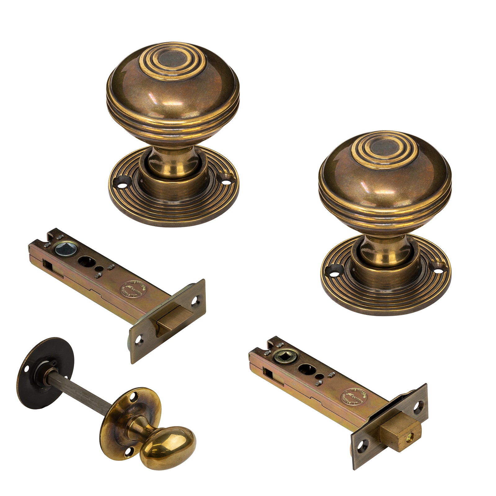 Ringed Antique Brass Door Knobs 4 inch Bathroom Set
