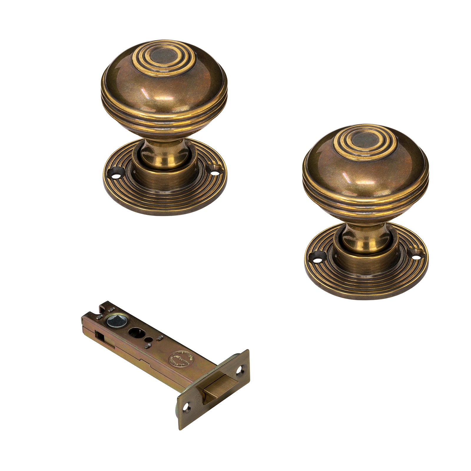 Ringed Antique Brass Door Knobs 4 inch Latch Set