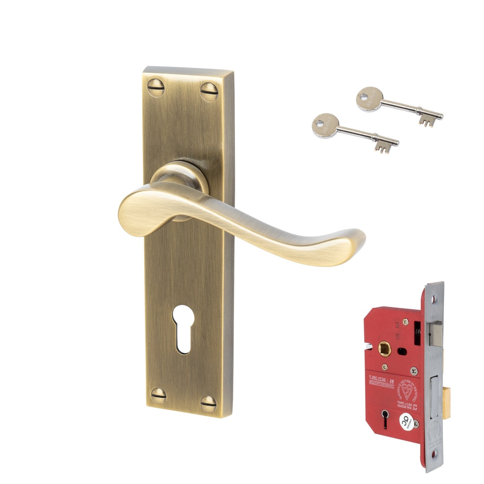 Bedford Door Handles On Plate 5 Lever Lock Handle Set in Aged Brass