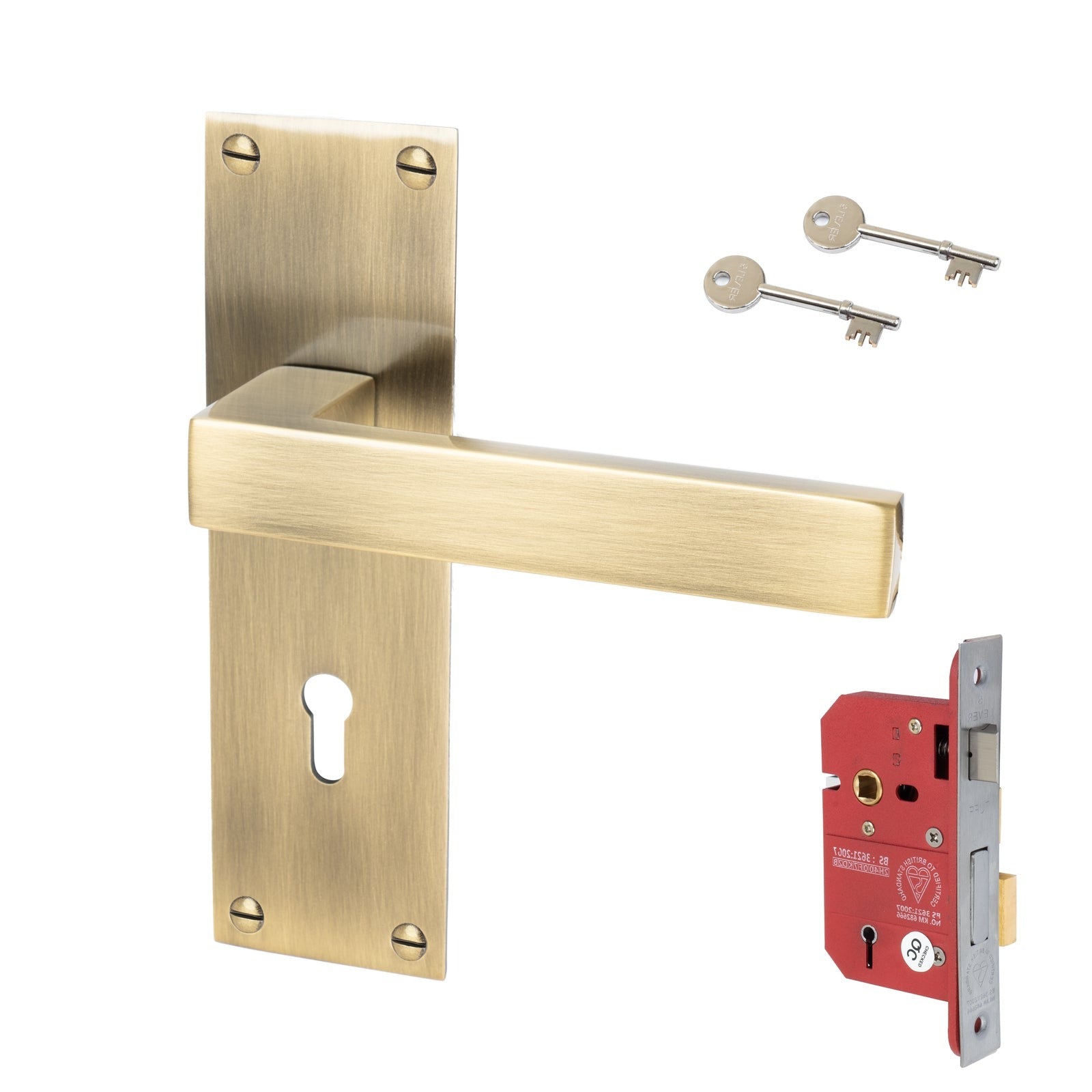 Metro Door Handles On Plate 5 Lever Lock Handle Set in Aged Brass