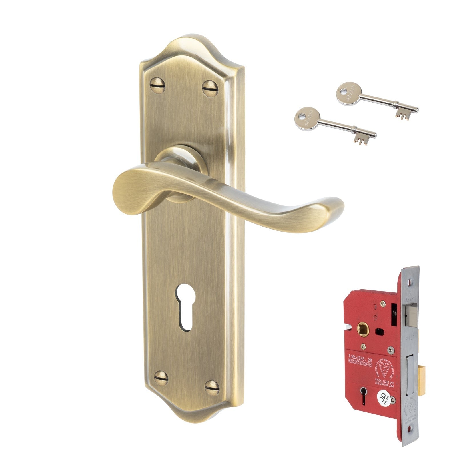 Buckingham Door Handles On Plate 5 Lever Lock Handle Set in Aged Brass