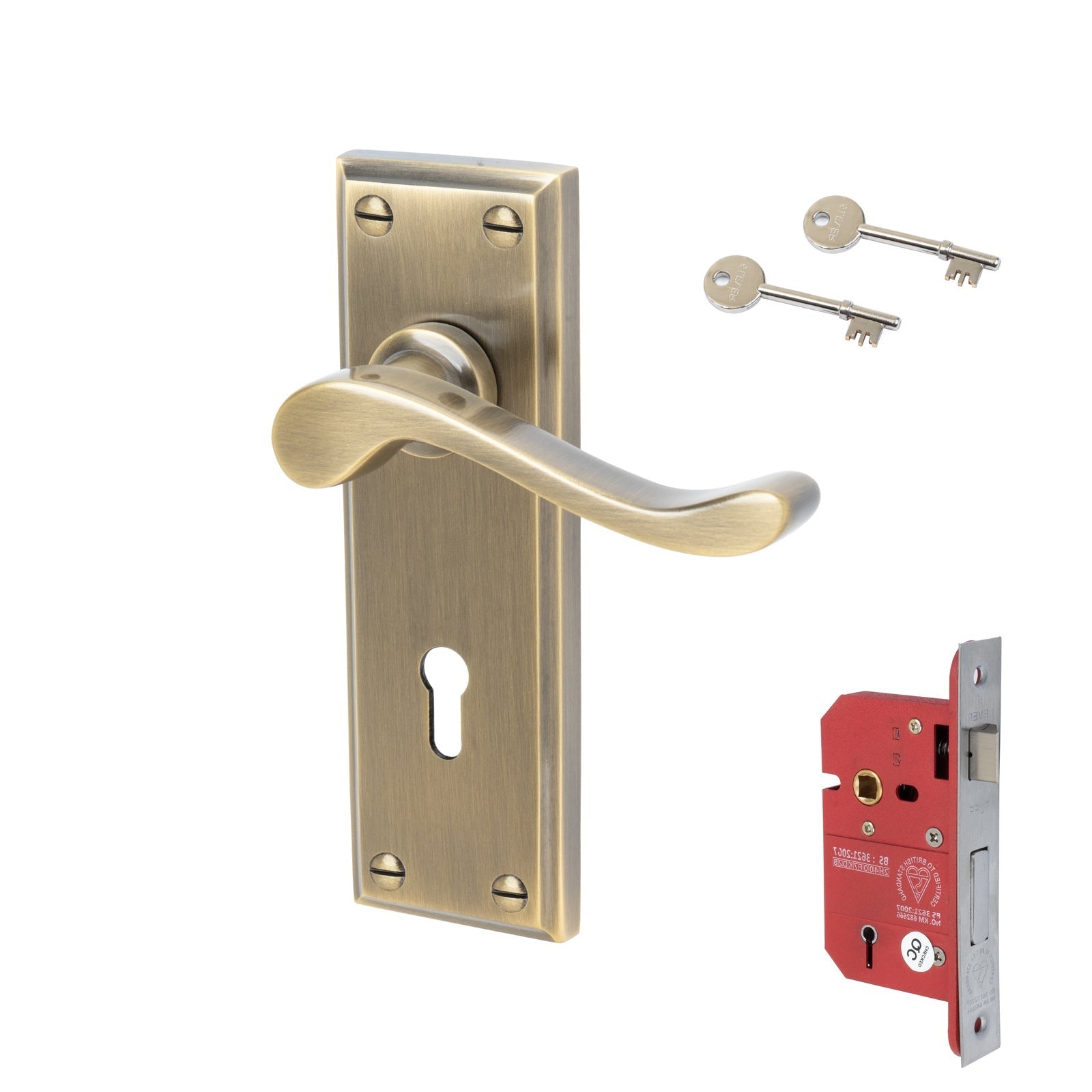 Edwardian Door Handles On Plate 5 Lever Lock Handle Set in Aged Brass