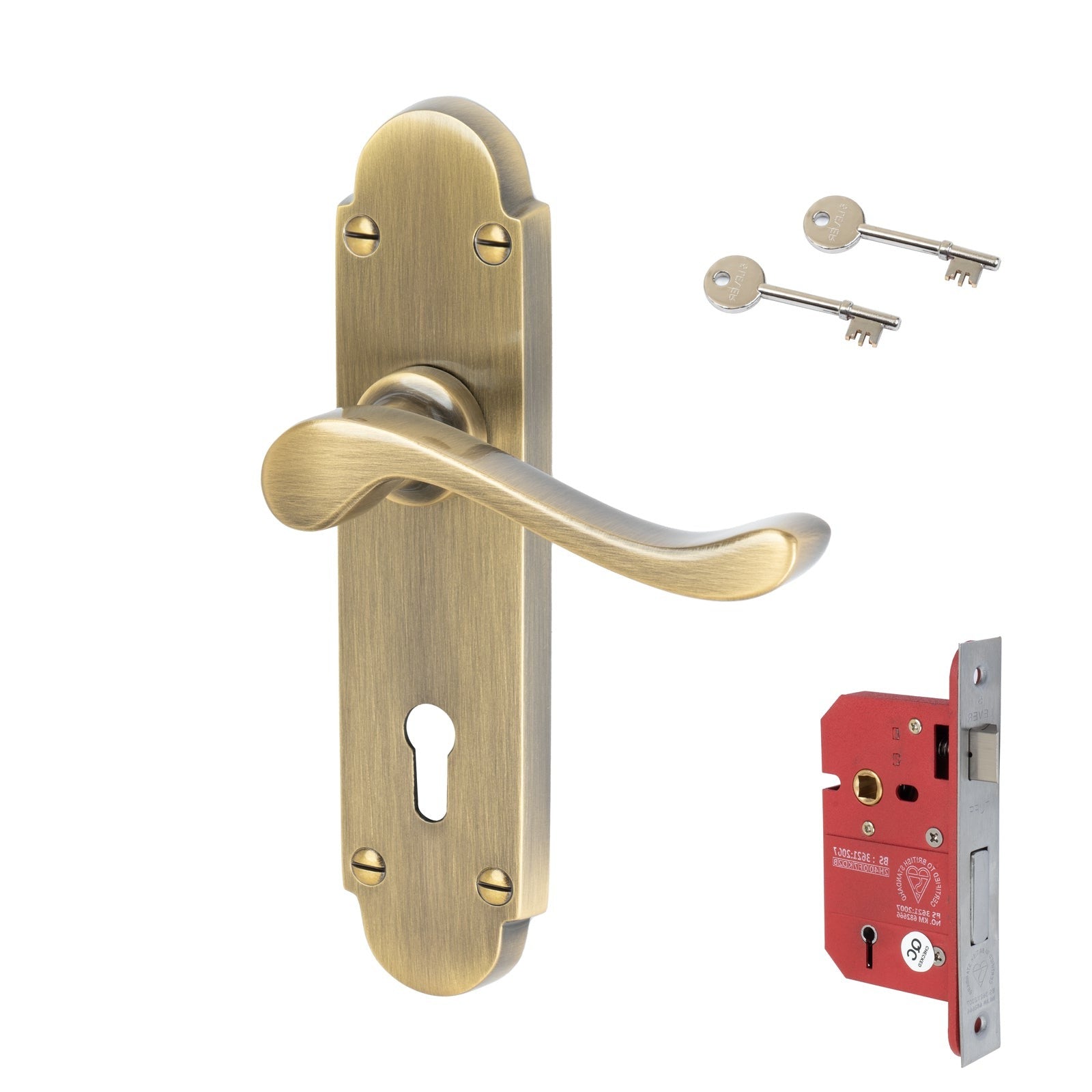 Savoy Door Handles On Plate 5 Lever Lock Handle Set in Aged Brass