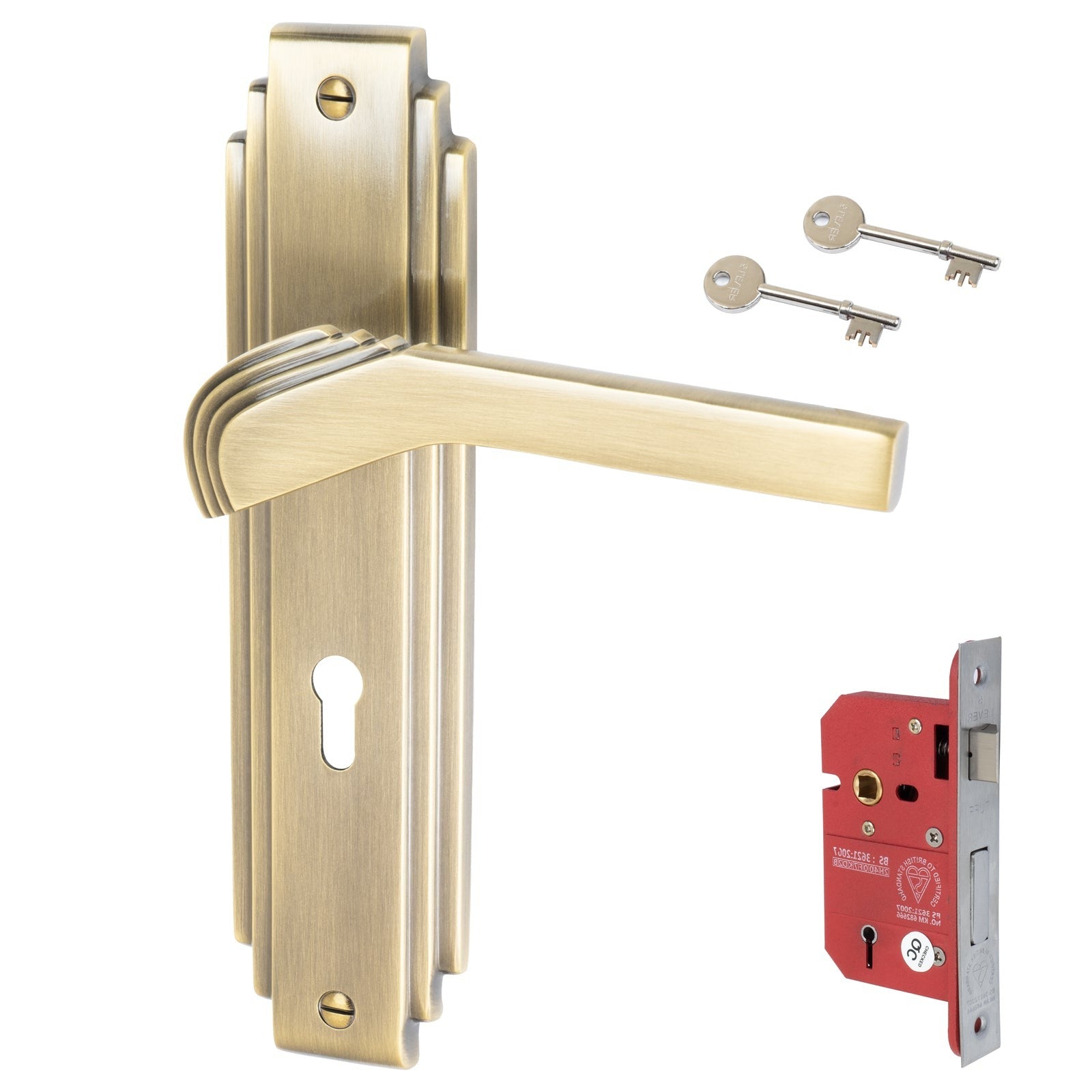 Tiffany Door Handles On Plate 5 Lever Lock Handle Set in Aged Brass