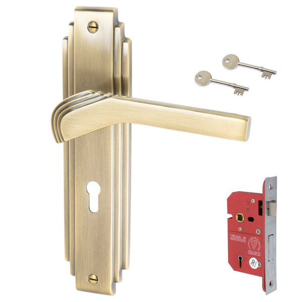 Tiffany Door Handles On Plate 5 Lever Lock Handle Set in Aged Brass