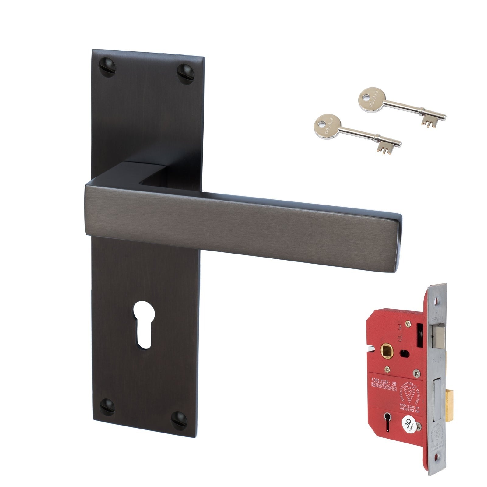 Metro Door Handles On Plate 5 Lever Lock Handle Set in Matt Bronze 