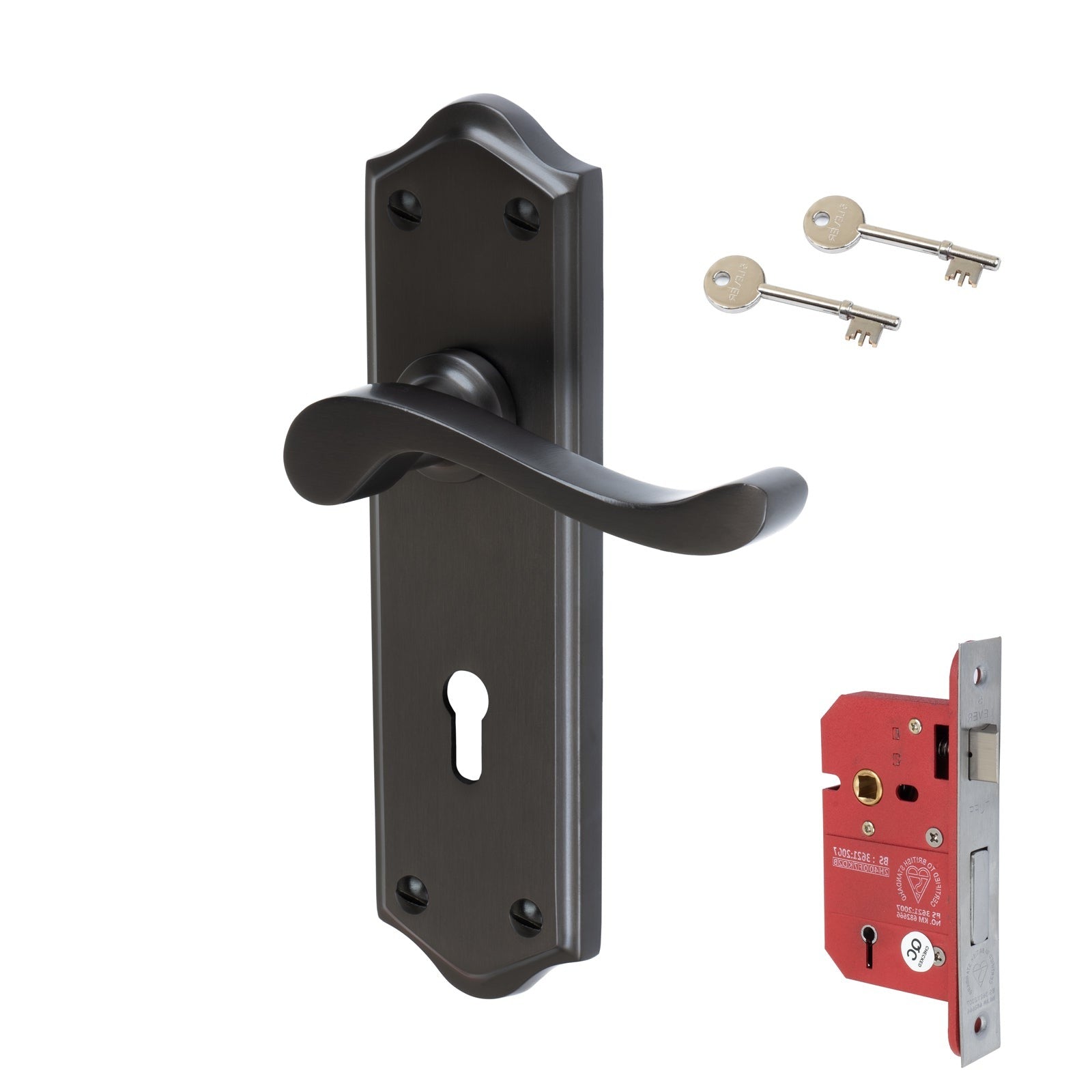 Buckingham Door Handles On Plate 5 Lever Lock Handle Set in Matt Bronze 