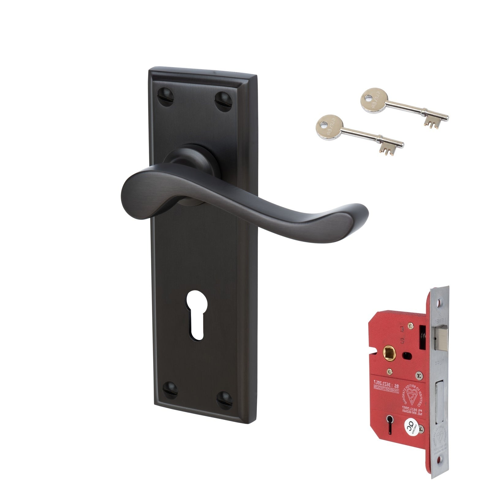 Edwardian Door Handles On Plate 5 Lever Lock Handle Set in Matt Bronze 