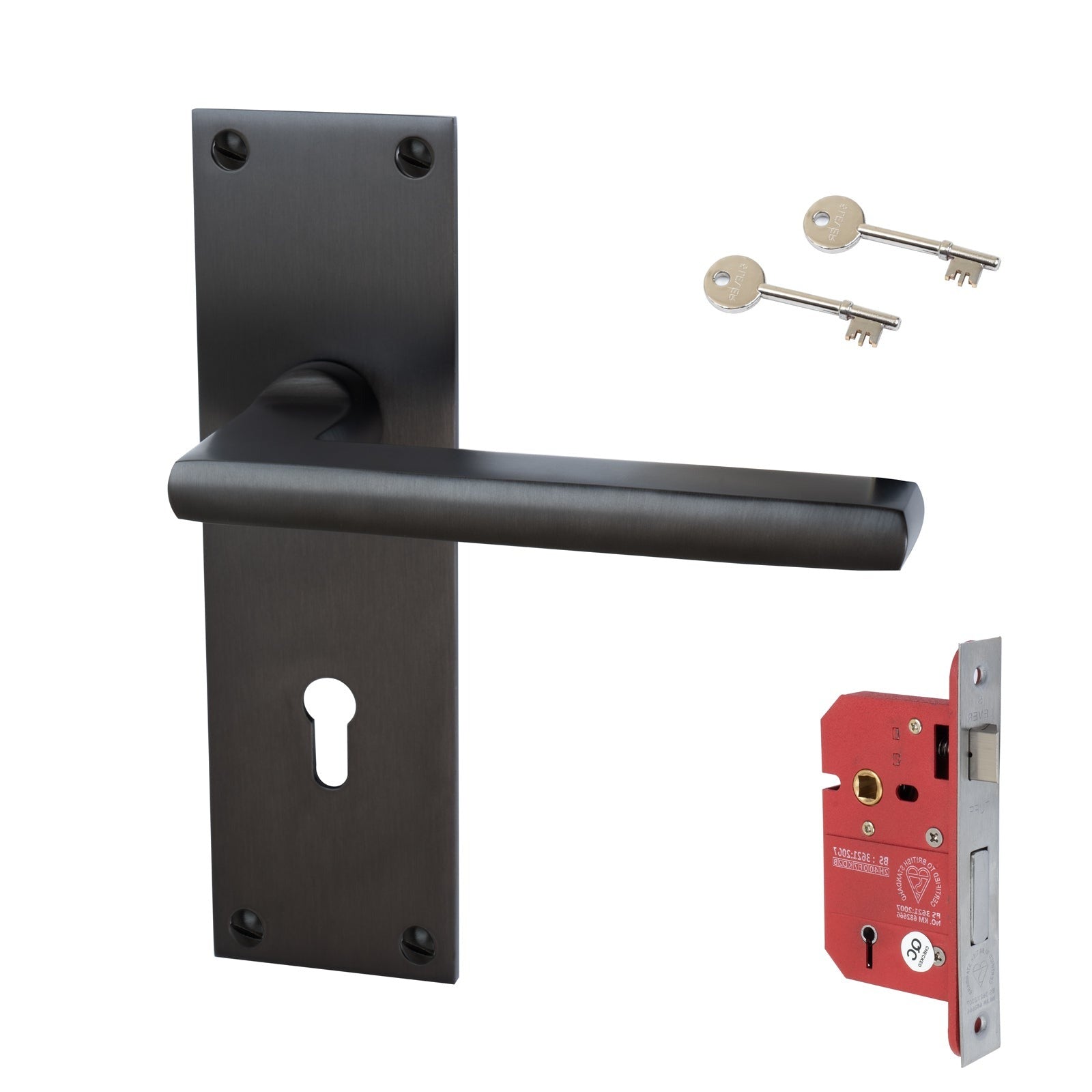Trident Door Handles On Plate 5 Lever Lock Handle Set in Matt Bronze 