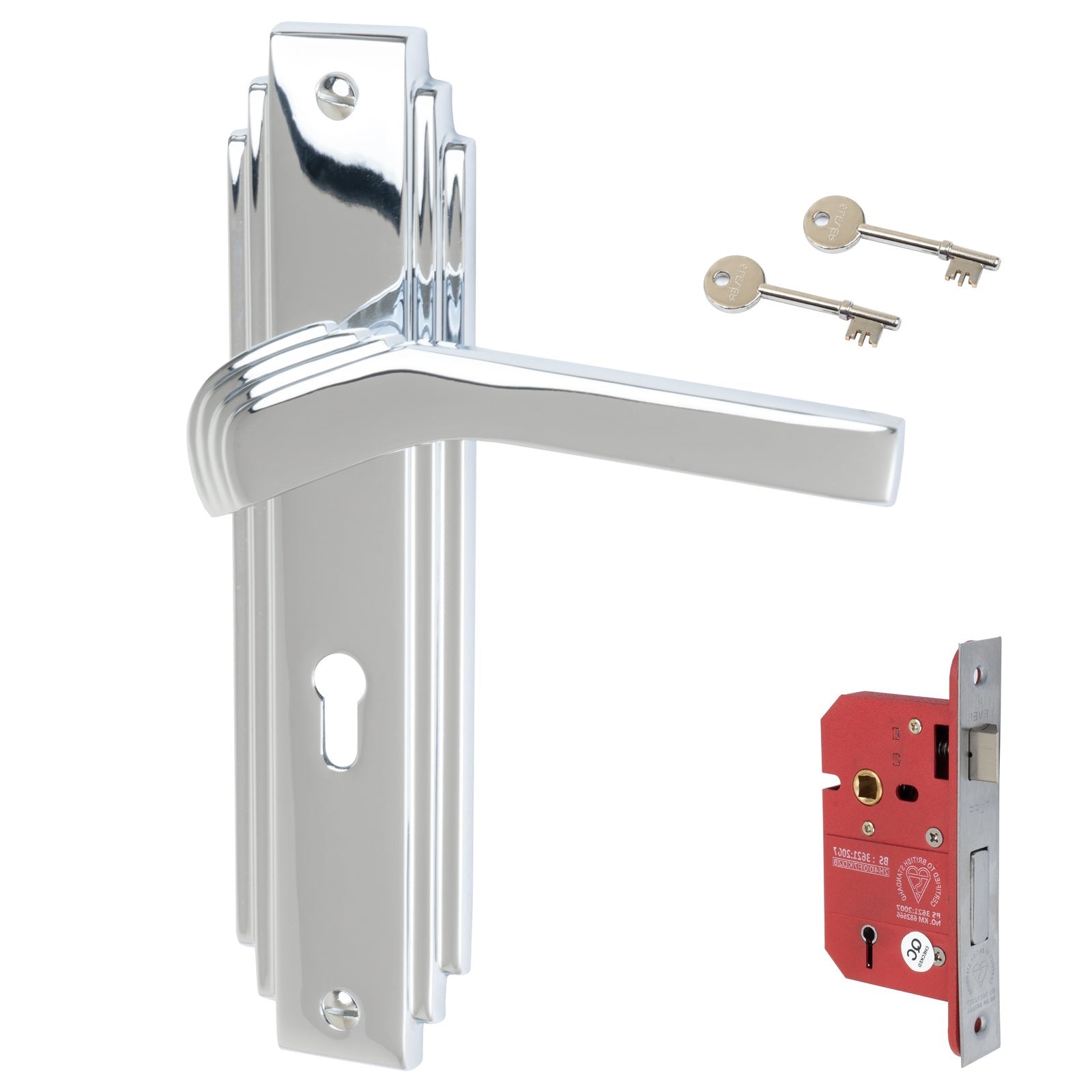 Tiffany Door Handles On Plate 5 Lever Lock Handle Set in Polished Chrome 